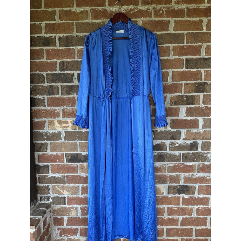 VTG JCPenny 80's Blue Long Sleeve Ruffle V Neckline Nylon Night Robe Misses L
